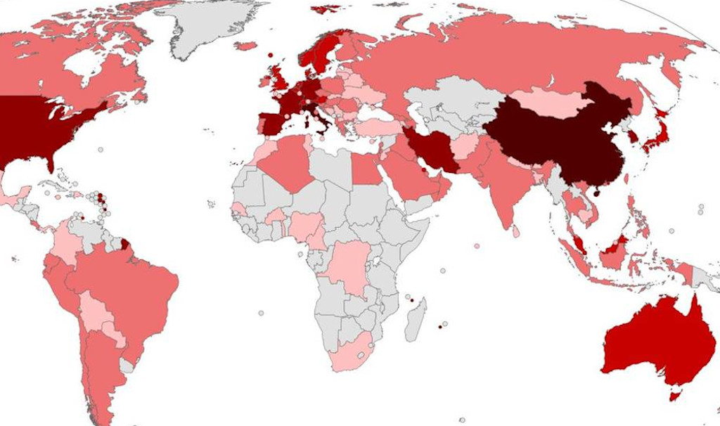 Map of world-wide distribution of COVID-19