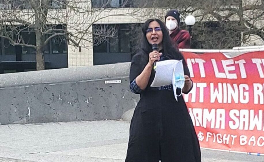 Kshama Sawant speaking at a ralley in Seattle