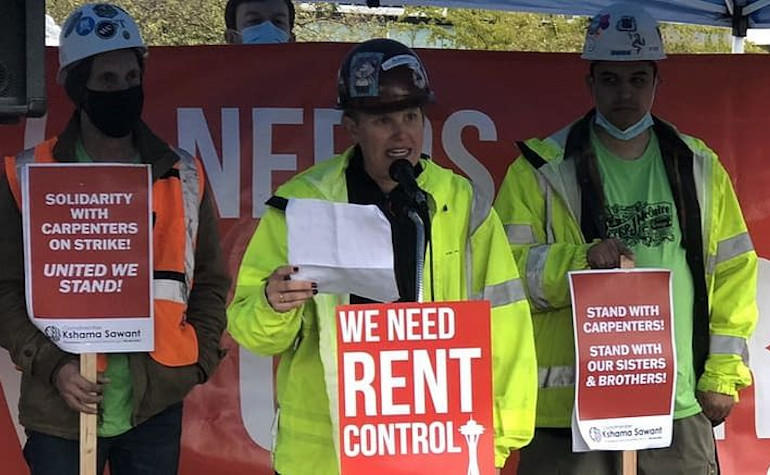 Union carpenter Nina Wurz at the Sept. 18, 2021 “Rent Control Now” rall