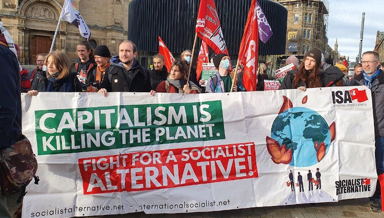 Intarnational Socialist Alternative members at COP26 protest in Scotland